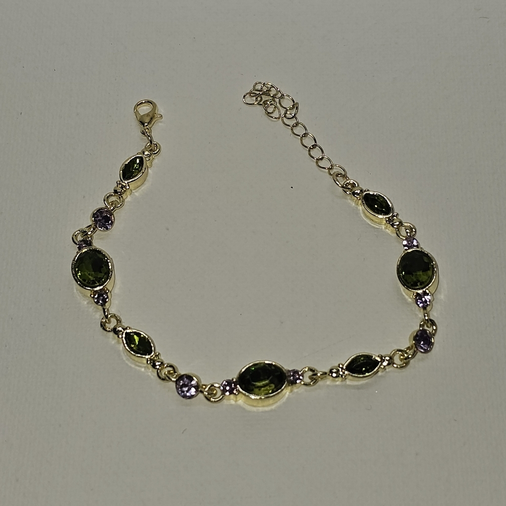 Vintage Style Green & Purple CZ Gold Tone Fashion Bracelet - Picture 9 of 11